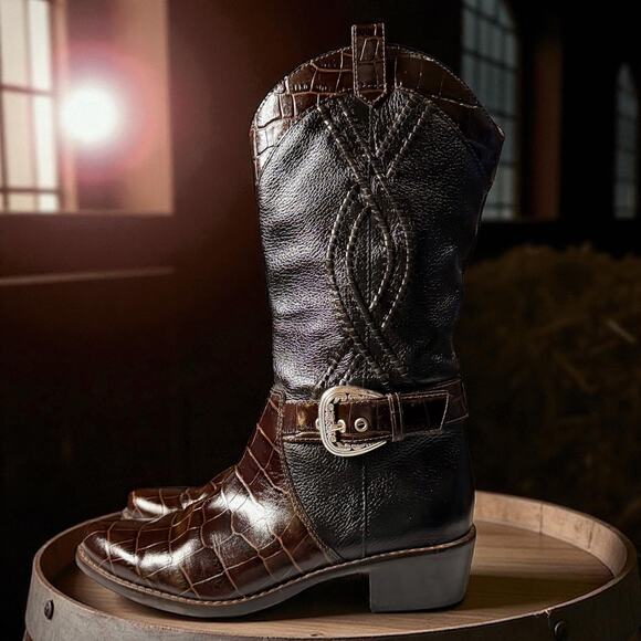 Brighton Will Boot Womens Black Brown Croc Embossed Western Cowgirl Size 8.5M - Picture 1 of 10